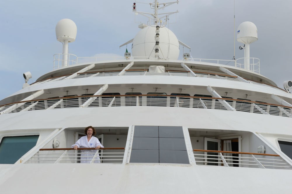 Wendy on her balcony on the ship’s bow