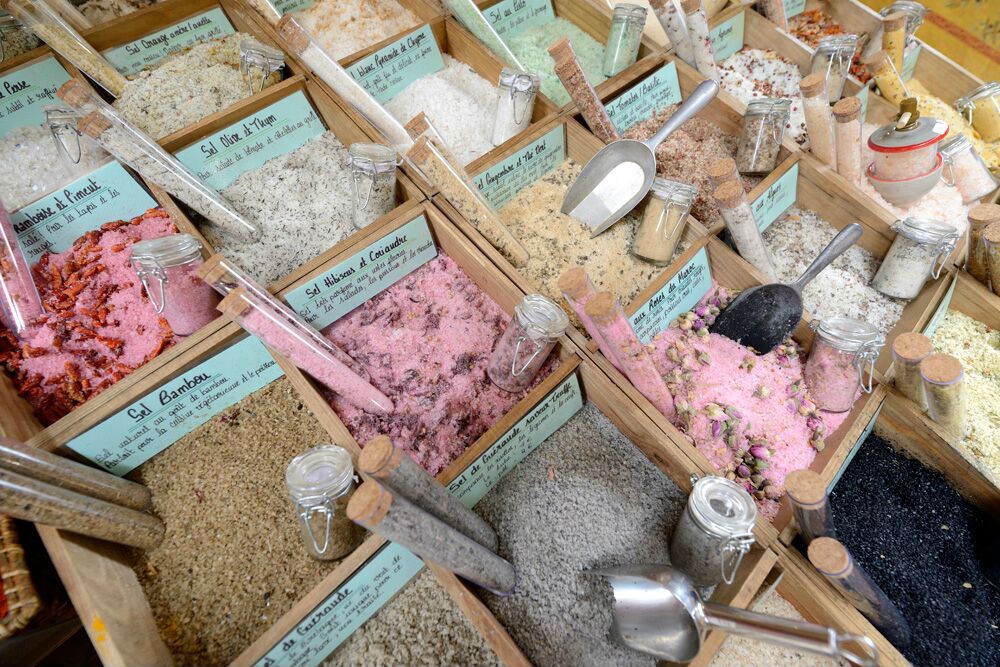 We found a rainbow of salts from around the world (including the Himalayas, Morocco, and Hawaii) in a shop called Lou Pantai in Nice, France.