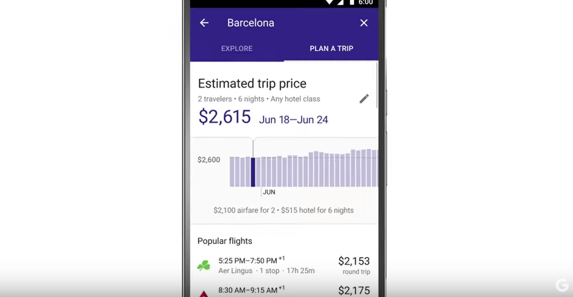 Google Destinations price screenshot