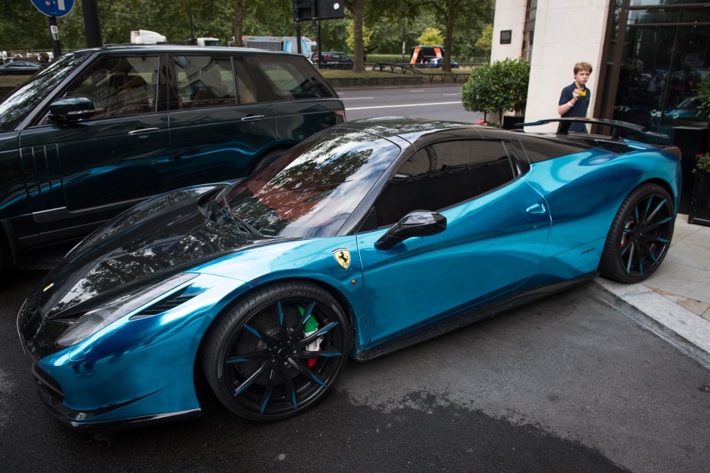 Ferrari 458 wrapped in chrome blue