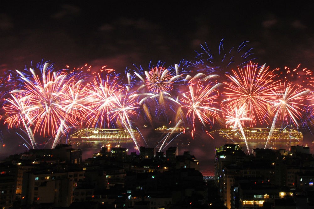 New Years Eve fireworks Reveillon Copacabana beach, Rio, Brazil