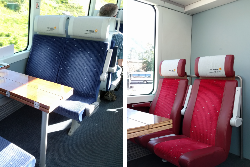 comparison of first and second class seats on Glacier Express train in Switzerland