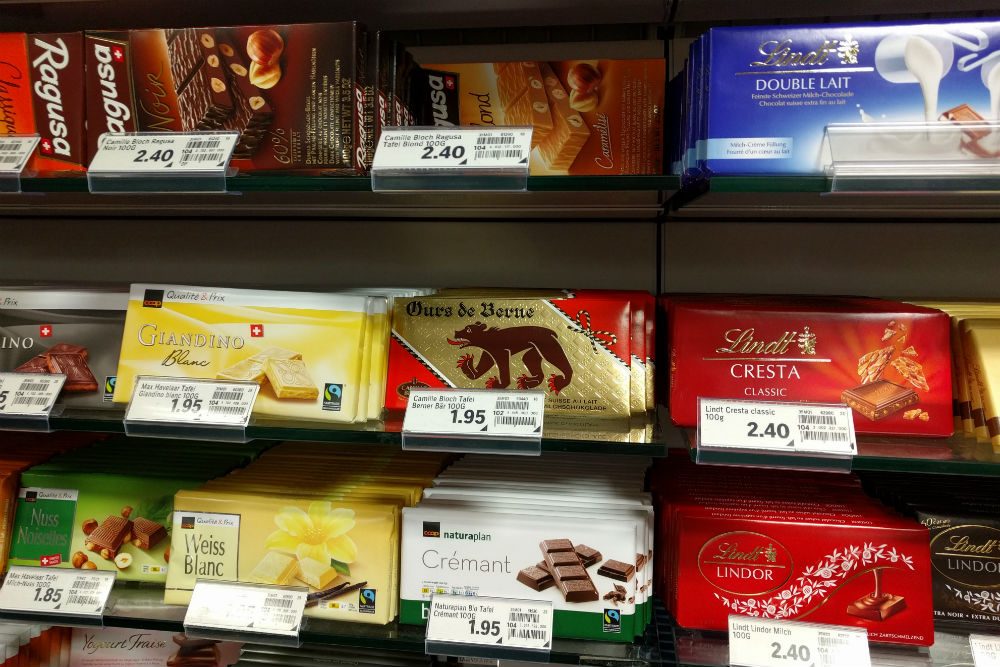 Swiss chocolate bars in grocery store in Switzerland