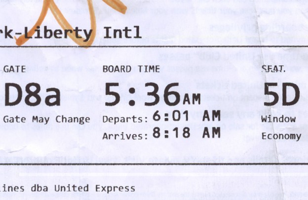 united boarding pass showing early morning flight