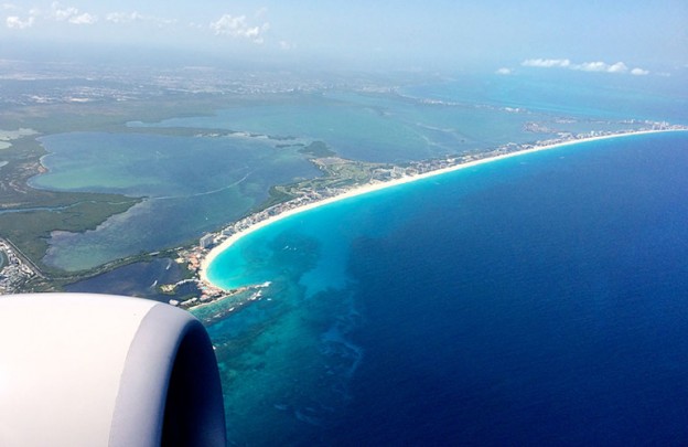 aerial photo of Cancun from an airplane