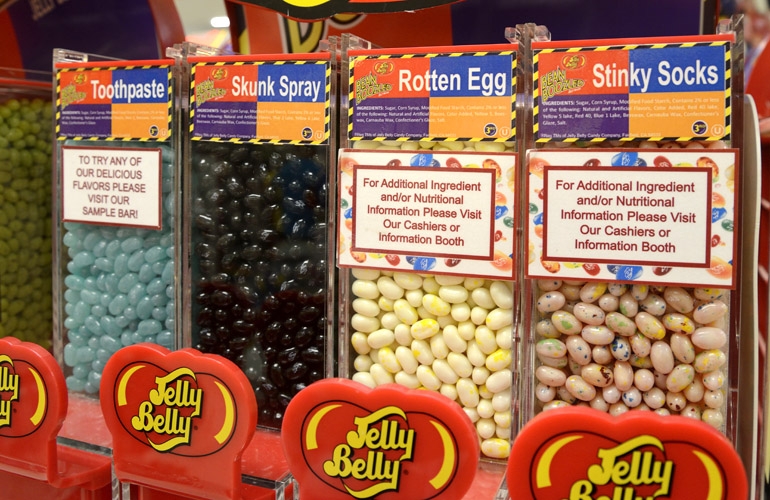 Jelly Belly jellybean flavors of toothpaste rotten egg and skunk spray