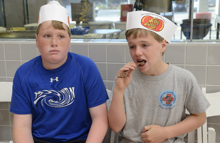 Jelly Belly factory with boys tasting bacon chocolate