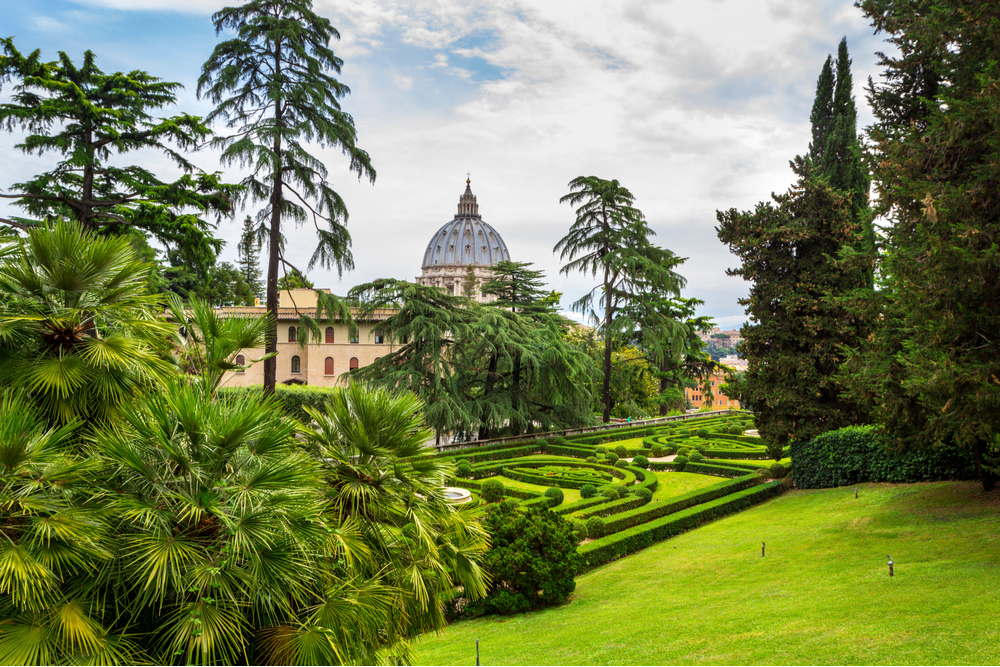 View at St Peter's Basilica (Basilica di San Pietro) from Vatican Gardens with beautiful green lawns, pines and palm trees, Rome, Italy.