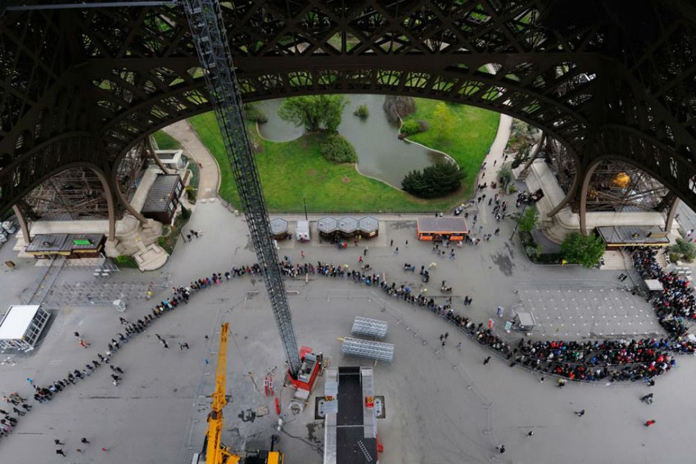 A two-hour line at the Eiffel Tower. Photo courtesy Tim Baker.