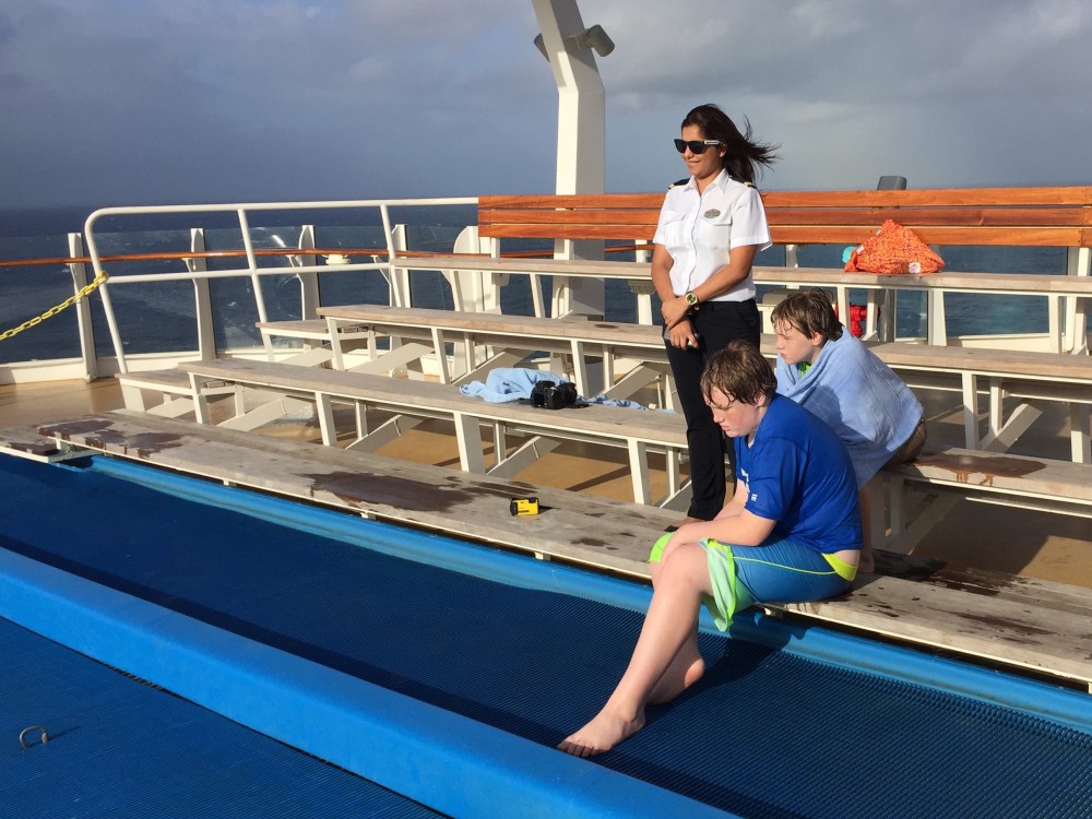 Smitha checks on the boys at the Flow Rider. Photo: Timothy Baker