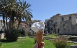 Gelato among ancient temples in Syrcuse, Sicily.