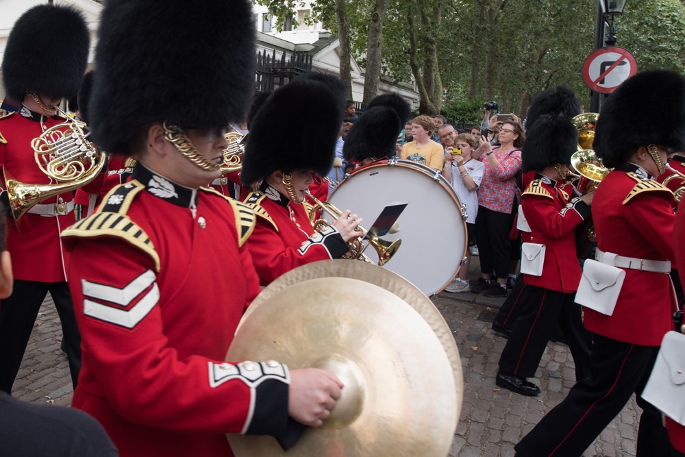 Here’s the band marching out of Wellington Barracks toward Buckingham Palace. My mom and brother and I all videotaped it.