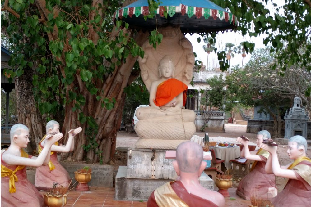 buddha statue with monks and a banyan tree at Phnom Krom temple in Cambodia