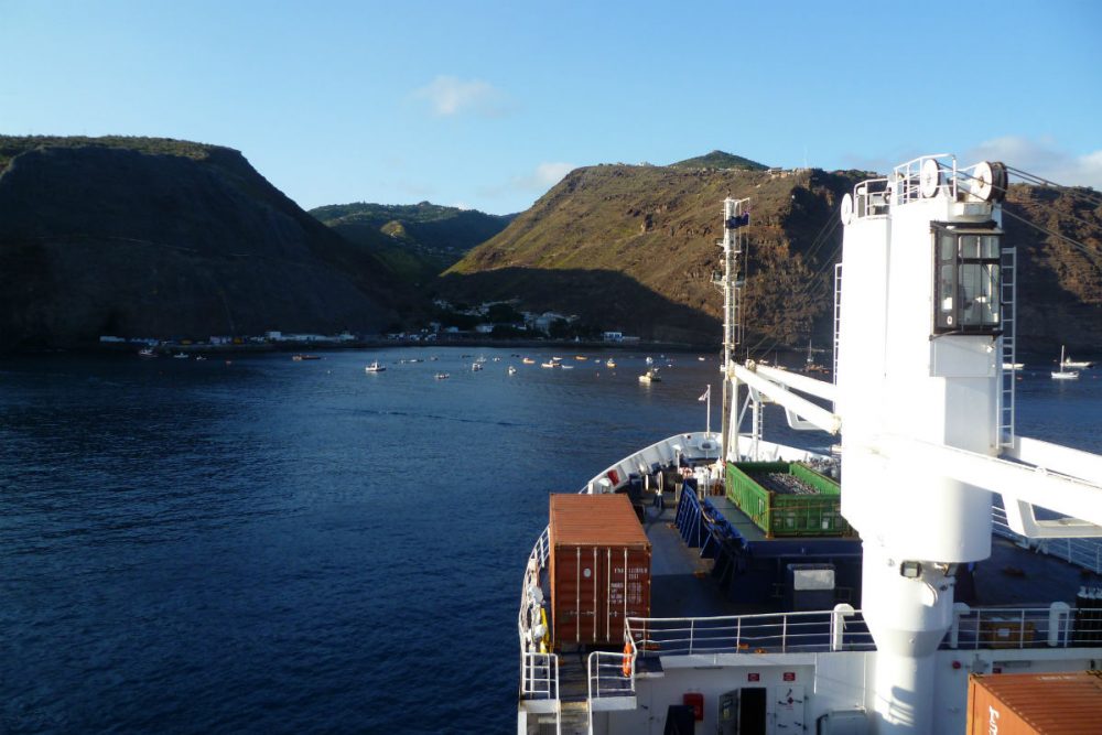 The RMS mail ship approaching St Helena island