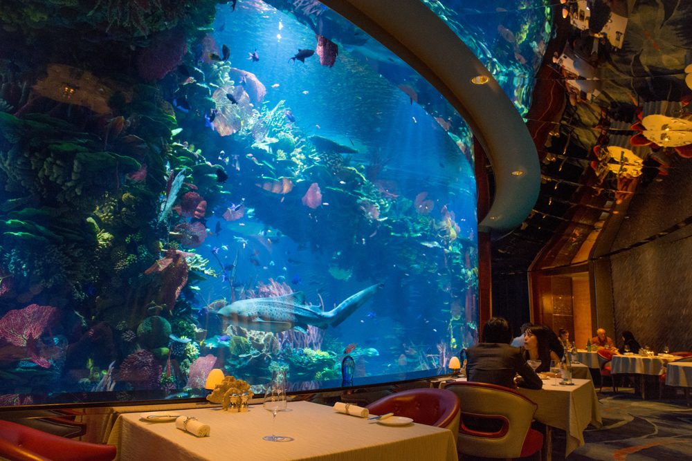 Burj al Arab's Al Mahara restaurant with aquarium in background in Dubai