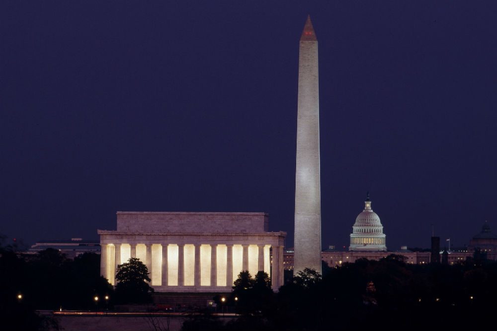 night skyline of Washington DC with Lincoln Memorial Washington Monument and Capitol building