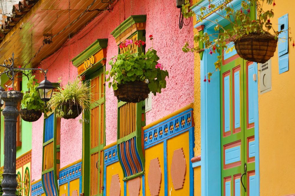 colorfully painted walls on a block of Cartagena Colombia