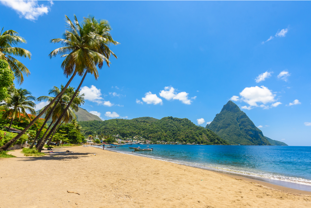 St Lucia beach with Pitons mountains in the background