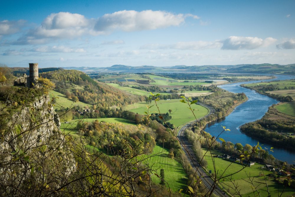 Kinnoull Hill tower ruins, Perth Scotland, overlooking the River Tay on a clear day