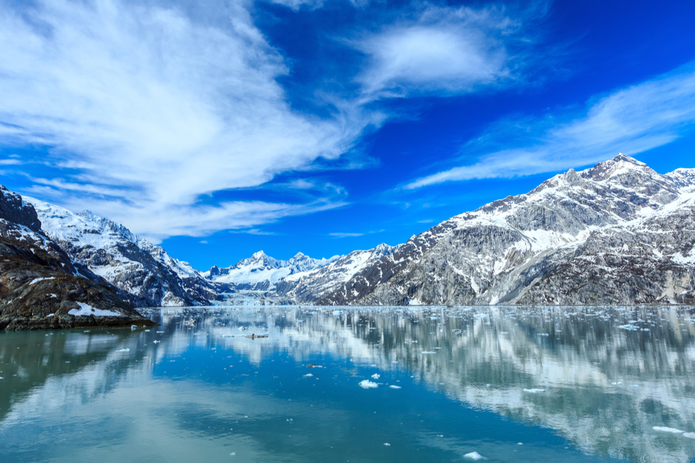 Panoramic view of Glacier Bay national Park. John Hopkins Glacier with Mount Orville and Mount Wilbur in the background. Alaska
