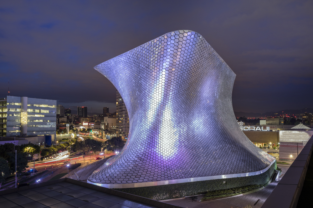 Mexico City, Mexico - August 26, 2016: Museum Soumaya at night in the with over 66,000 works from 30 centuries of art is located in Nuevo Polanco.