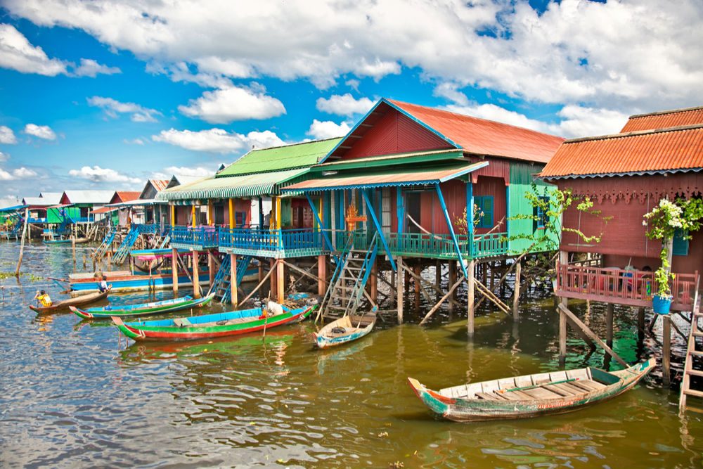 The floating village, caled Komprongpok, on the water of Tonle Sap lake. Cambodia.