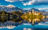 Amazing View of Bled Lake with Island,Church And Castle With Mountain Range In The Background-Bled,Slovenia,Europe