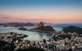 Sugarloaf Mountain and Botafogo Neighborhood in Rio de Janeiro by Sunset with Full Moon in the Sky
