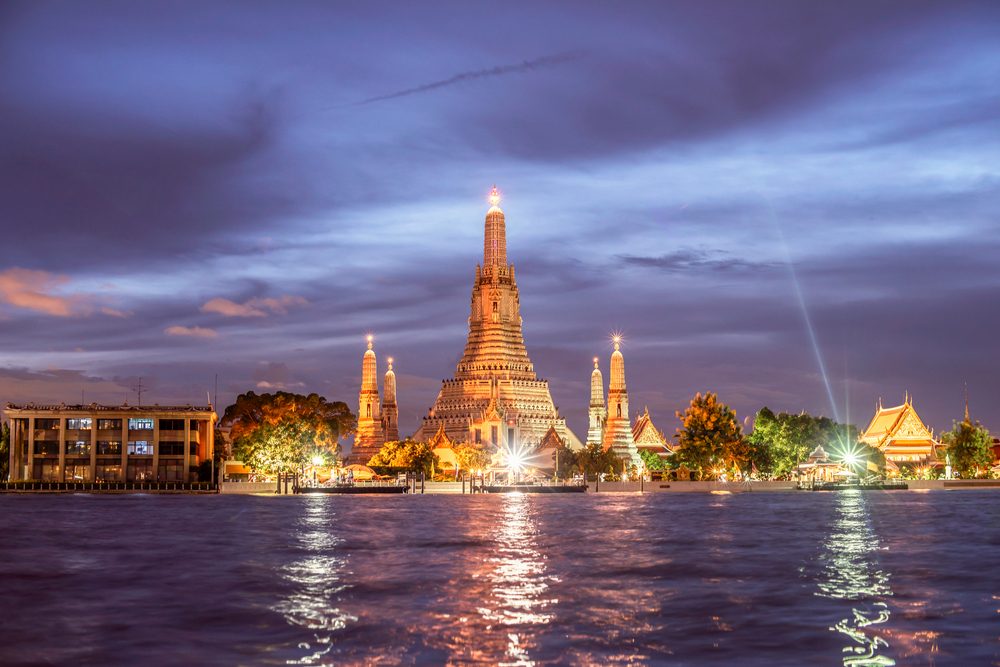 Wat Arun Ratchawaram The Royal Thai Consulate Rattanakosin Town Hall skyline of Bangkok at night