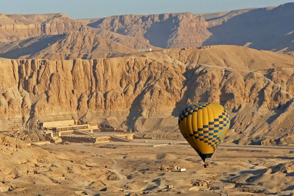 Queen Hatshepsut's mortuary temple in Luxor as seen from our hot air balloon just after dawn Egypt.