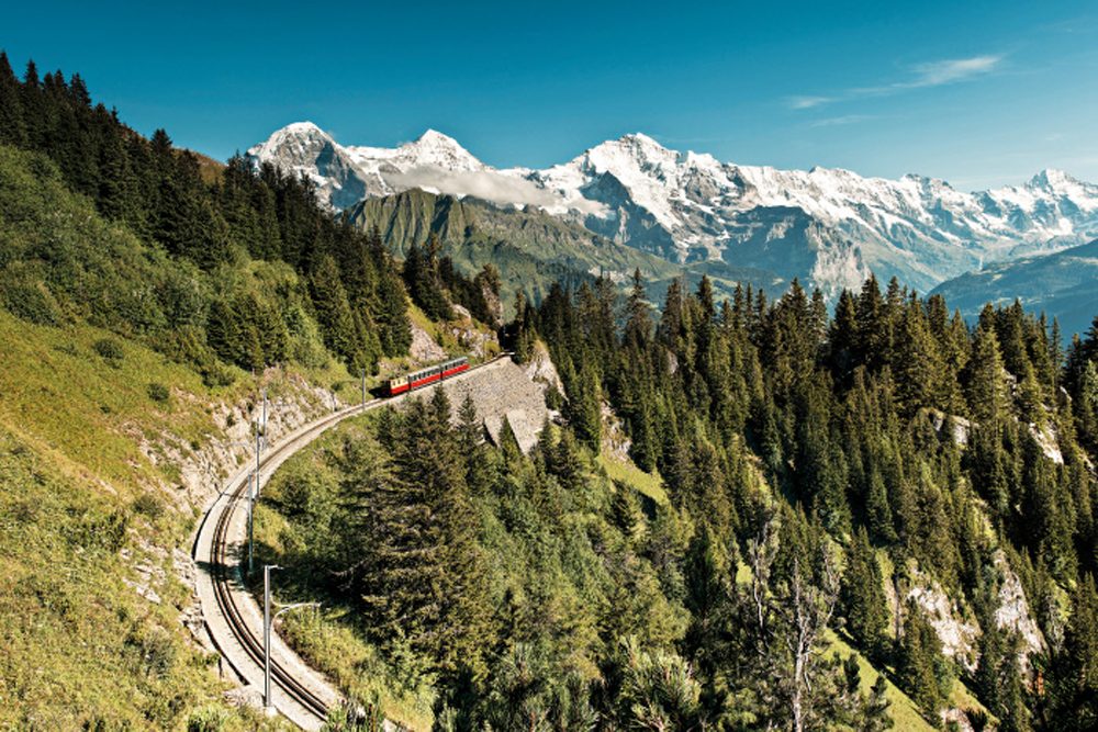 Cogwheel Railway, Mount Schynige Platte above Wilderswil, Bernese Oberland Switzerland with mountains in background