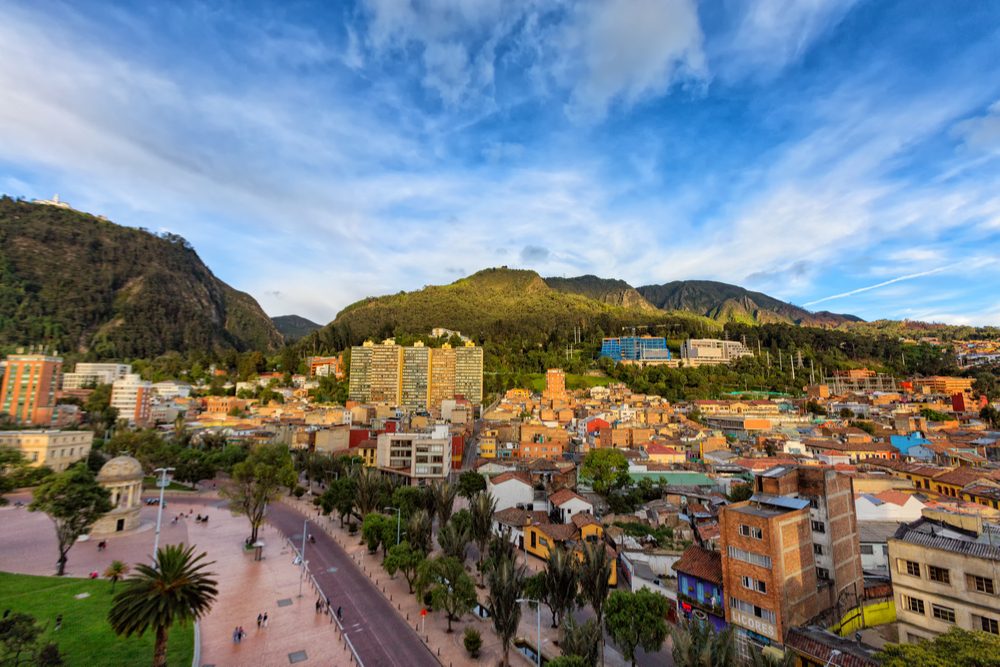 View of Journalist's Park with Monserrate and the Candelaria district of Bogota, Colombia