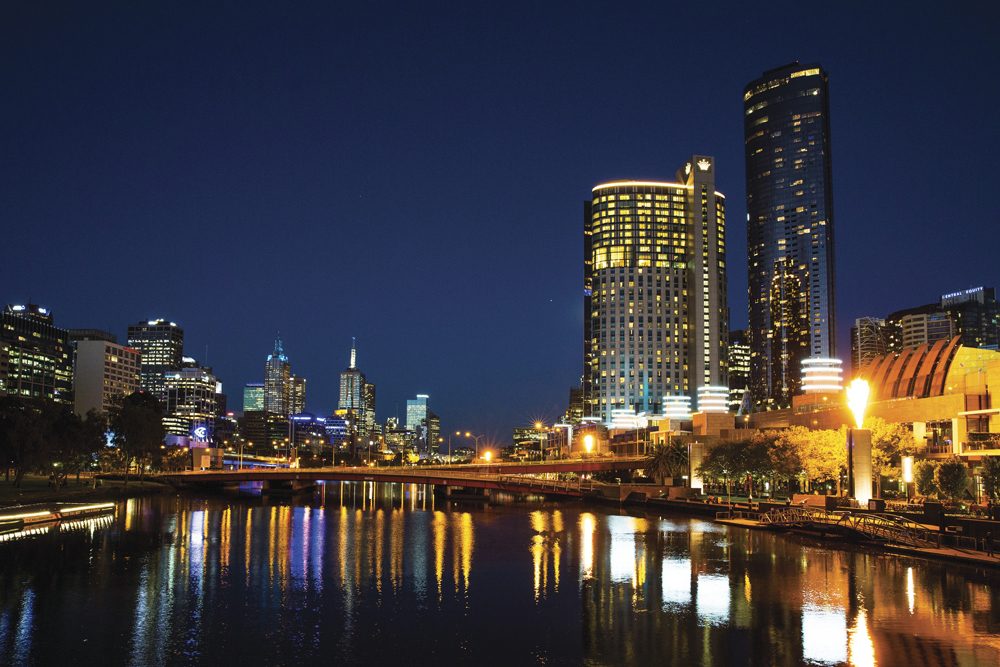 Crown Melbourne and Melbourne skyline at night