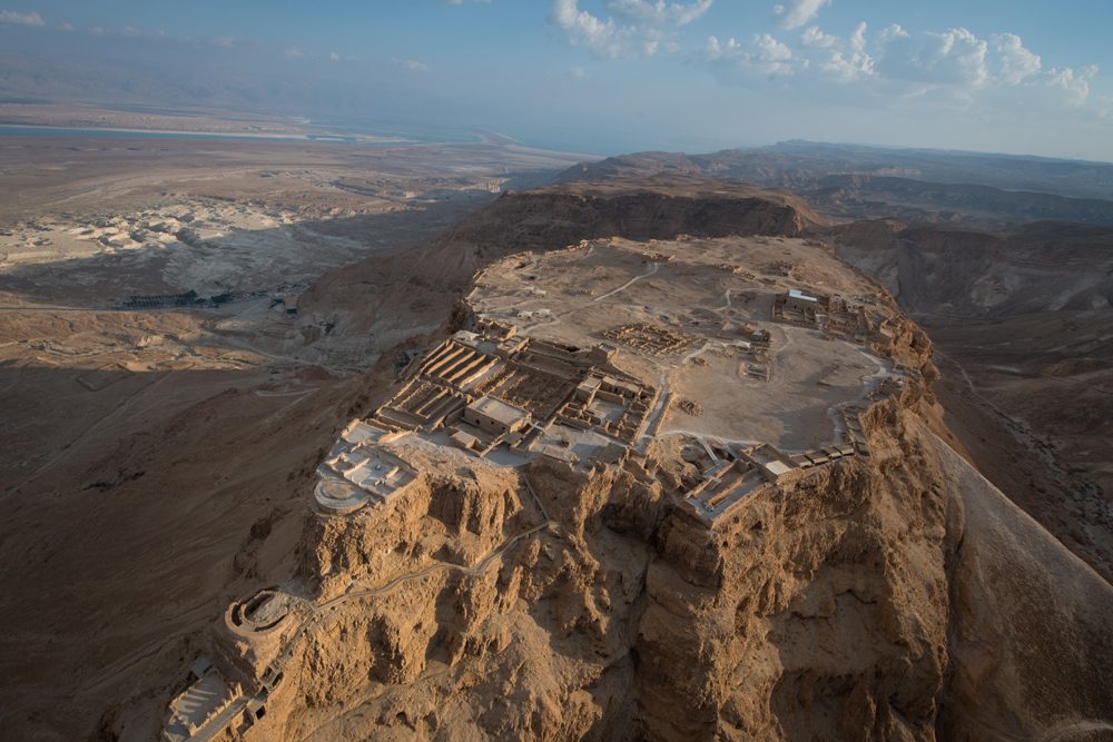 Aerial view of Masada Israel from a paraglider