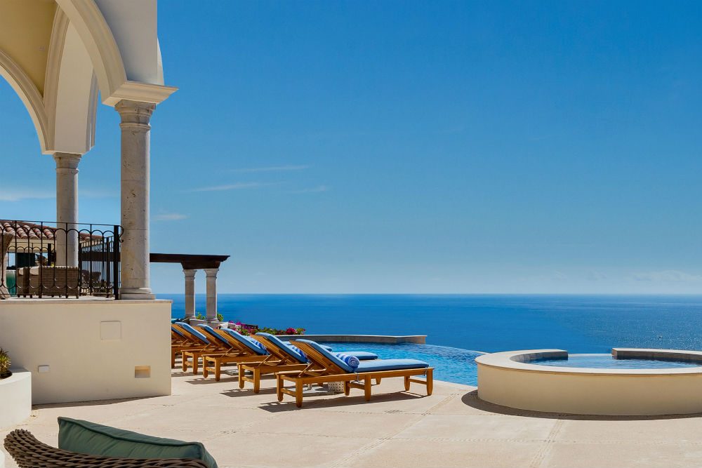 poolside view of the ocean at a private villa in Los Cabos Mexico