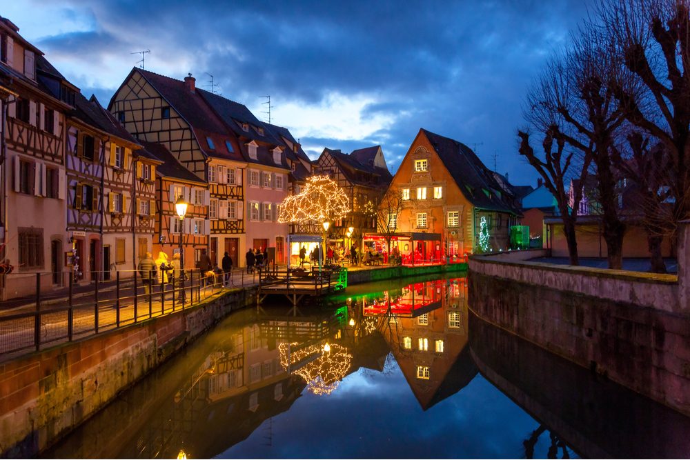 Colmar, France, Christmas village lights December 29 2015. Traditional french houses in Petite Venise, Alsace, Europe.