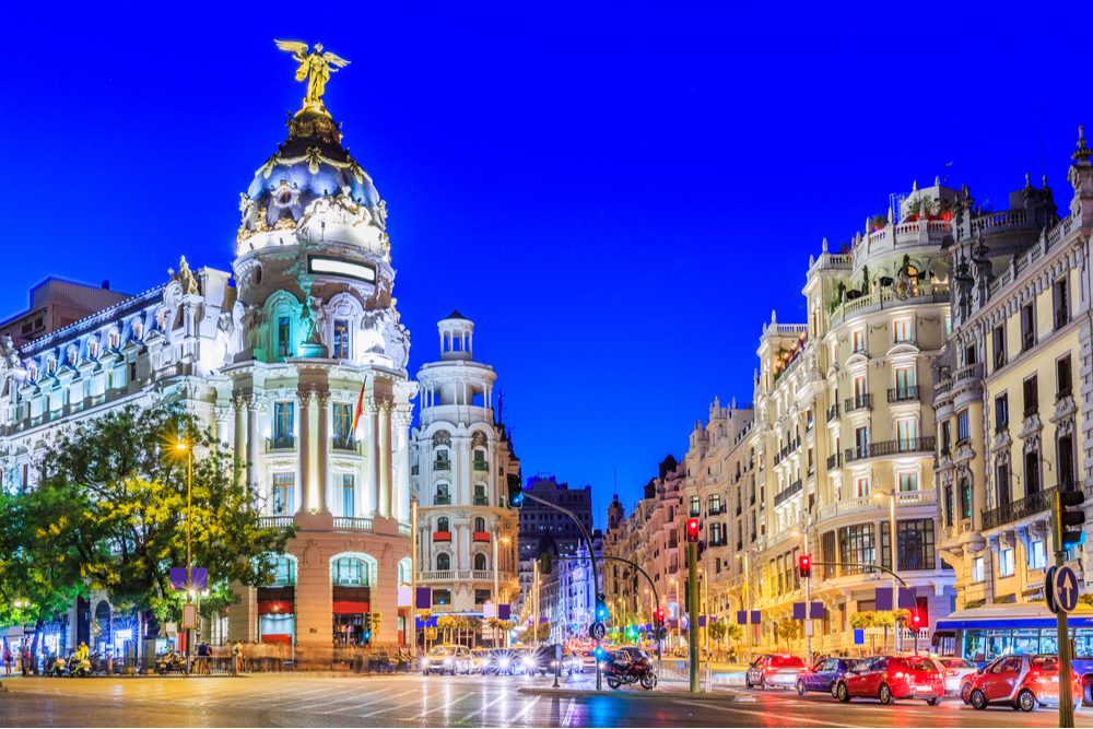 Madrid, Spain. Gran Via, main shopping street at twilight.