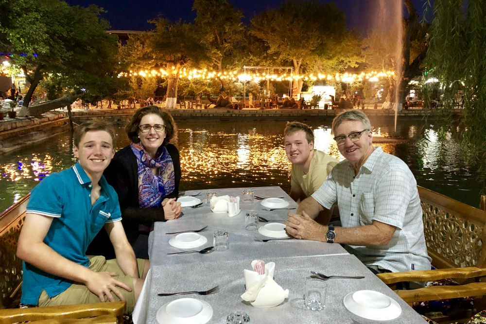 Wendy family dinner Bukhara old town square Uzbekistan