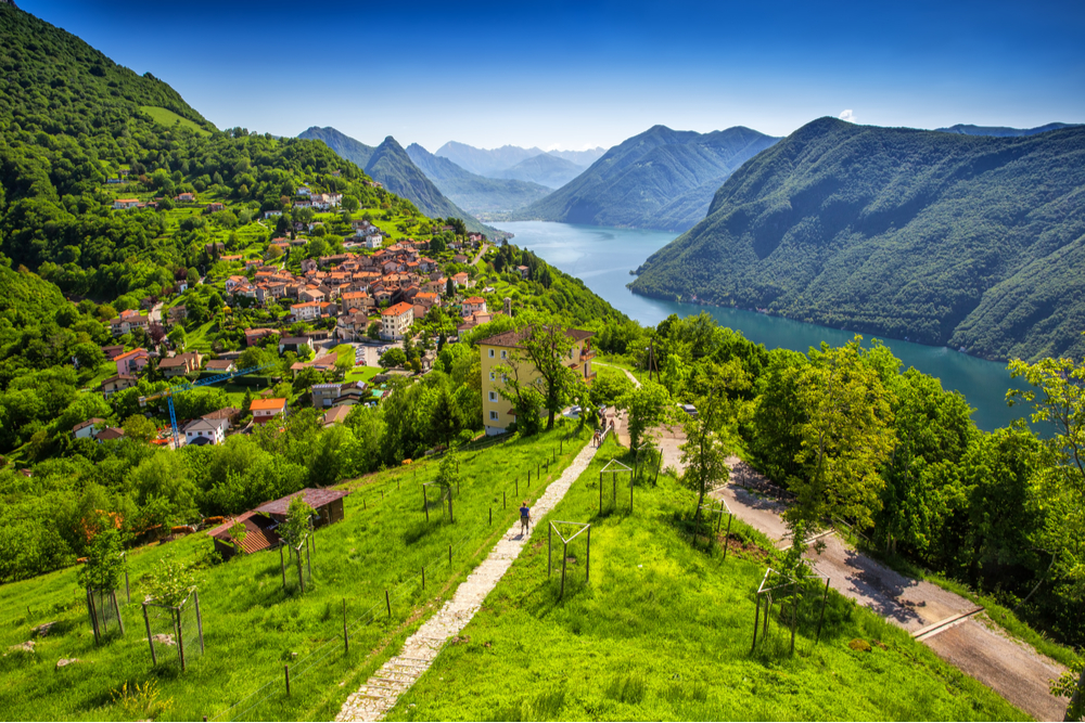 View to Lugano city, Lugano lake and Monte San Salvatore from Monte Bre, Ticino, Switzerland - Image