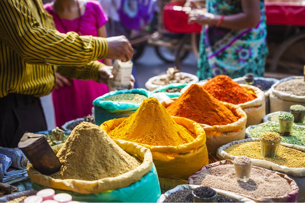 Spices at a street market in Delhi, India