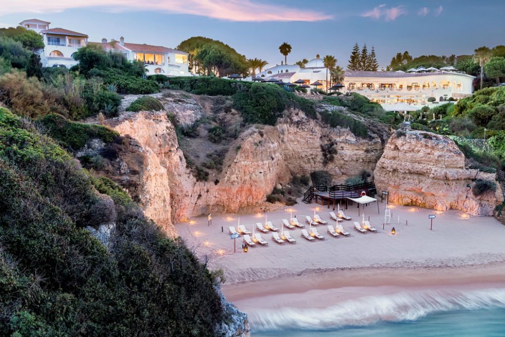 aerial view of cliffside beach Vila Vita Parc Resort beach aerial Algarve Portugal 