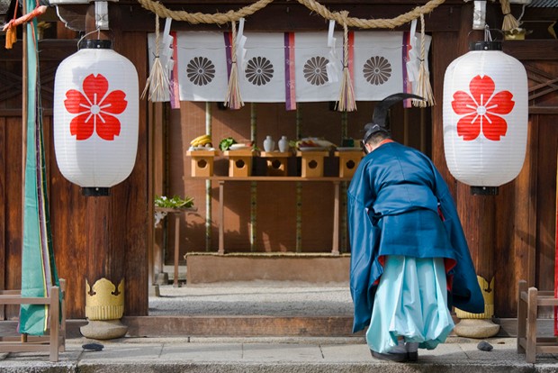 A priest at the Hirano Shrine in Kyoto