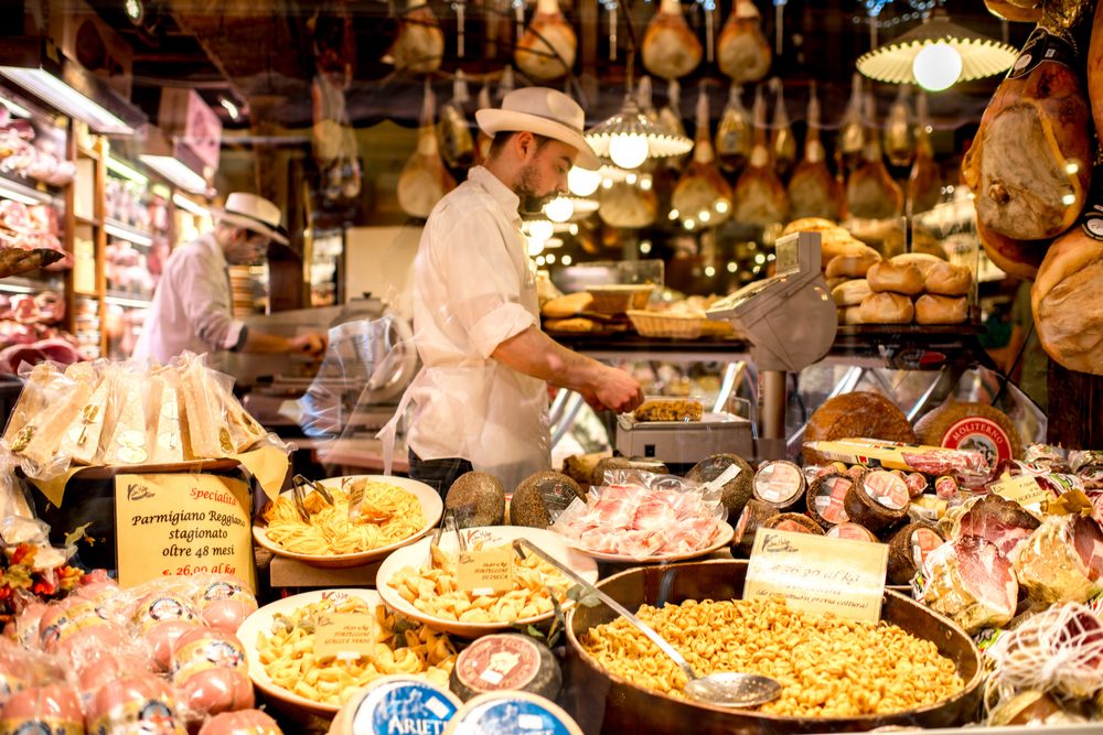 Bologna, Italy Food store food market showcase full of food in Bologna city in Italy