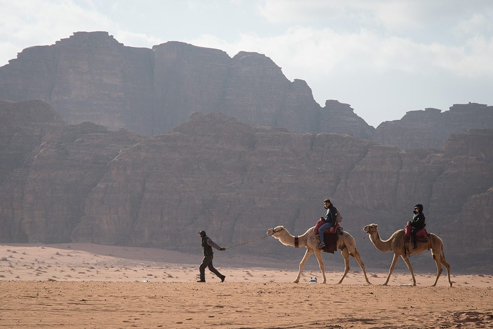 tourists on camels in wadi rum desert jordan with rock mountains behind