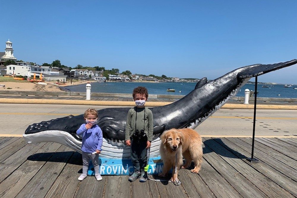 kids and dog in masks at MacMillan Pier Provincetown Massachussetts