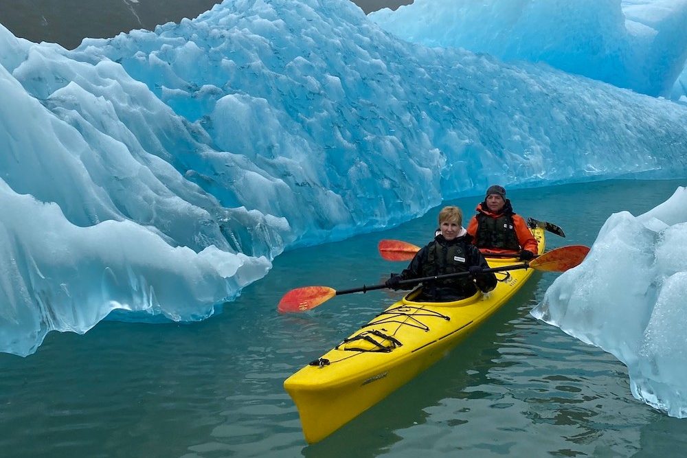 a couple kayaks through the ice in Alaska