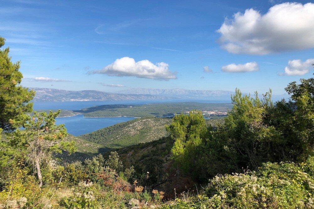 View of Hvar with green mountains and sea, Croatia