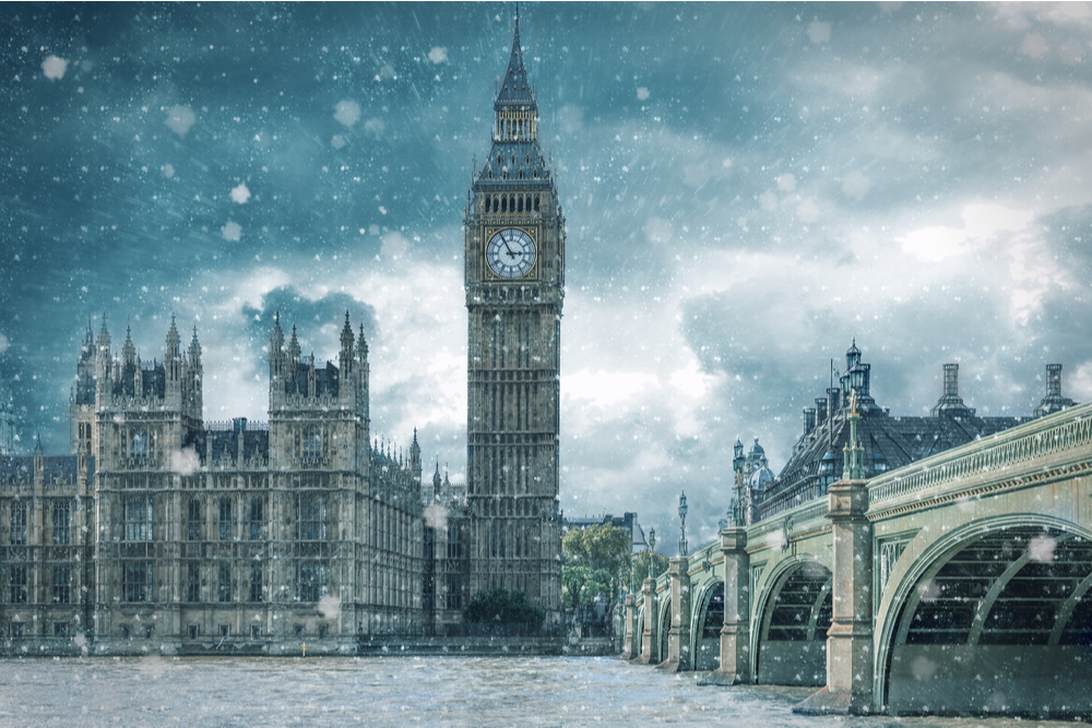 Big Ben and Westminster Bridge on a cold, snowy winter day, London, United Kingdom
