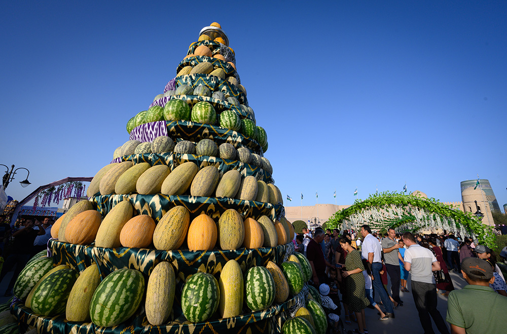 melon stack at Khiva melon festival Uzbekistan