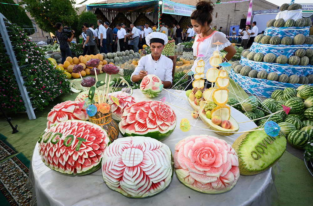 beautiful fruit carving at Uzbekistan Khiva melon festival 